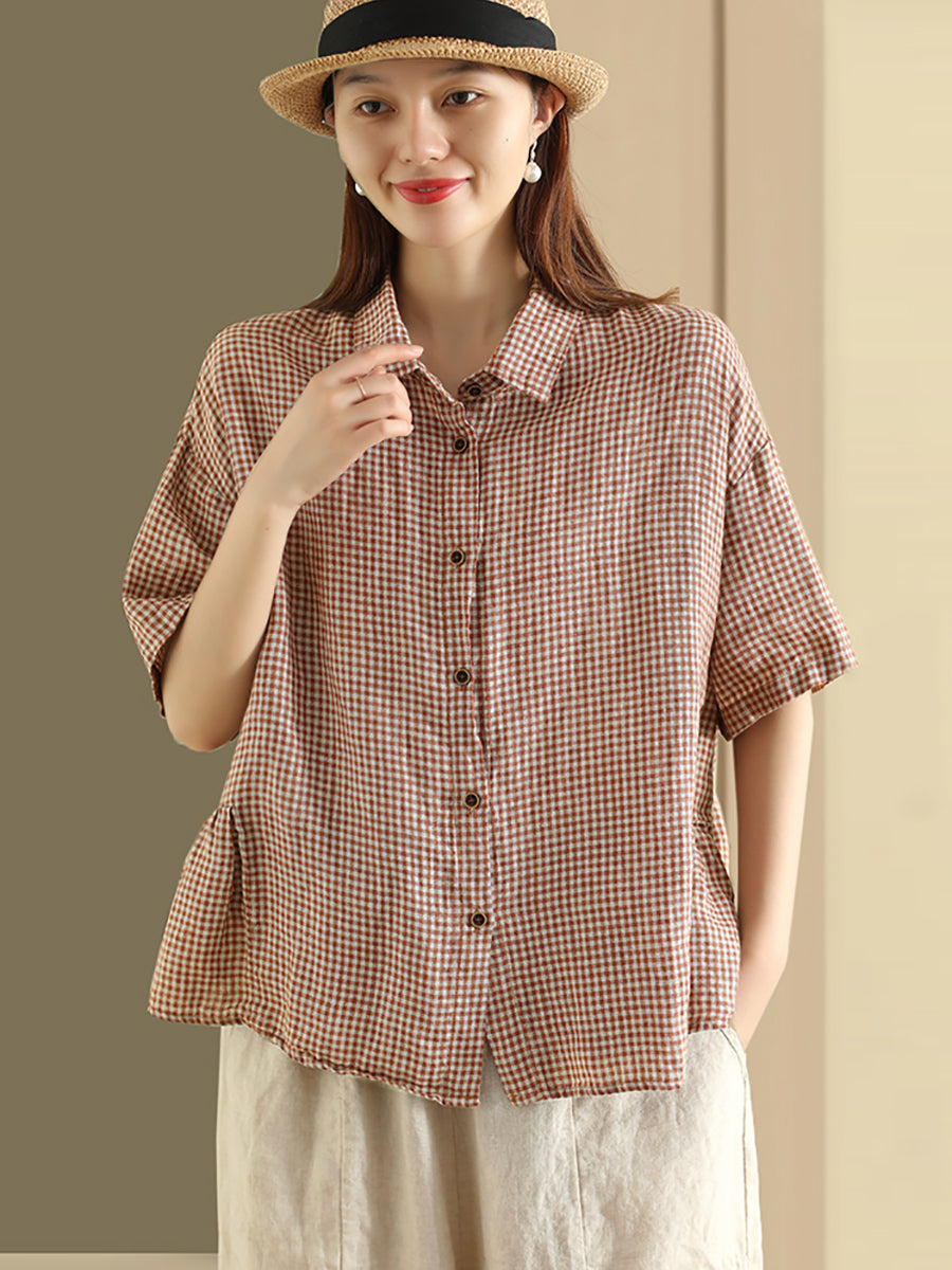 Plus Size Damen Sommer Casual Plaid Button Cardigan Leinenhemd