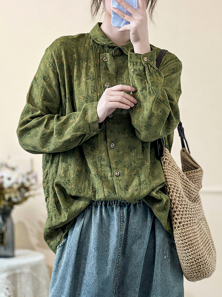 Plus Size Damen Frühling Vintage Blumenhemd mit Schrägverschluss