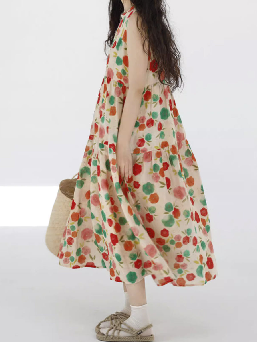 Plus Size Damen Sommer süßes Blumenmuster gespleißtes Falten-Westenkleid mit O-Ausschnitt