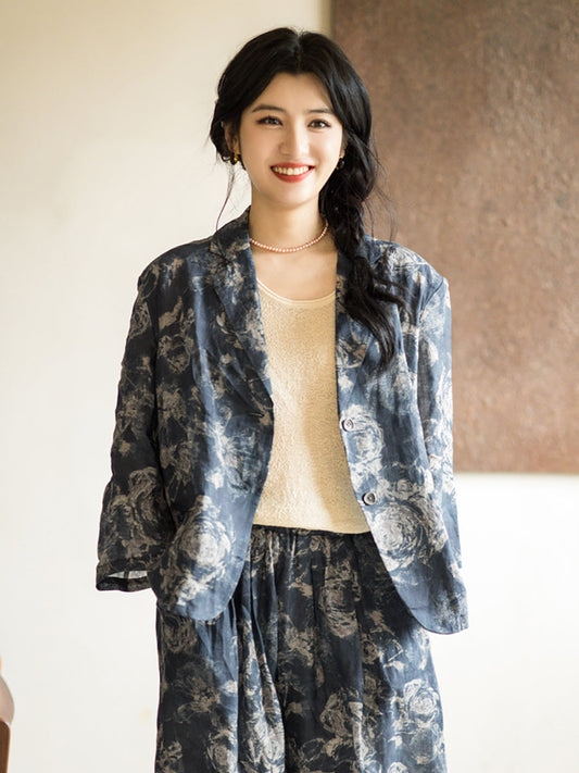 Übergröße Damen Sommer Vintage Print Dünne Ramie Jacke