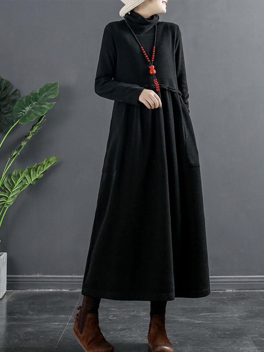 Übergröße Damen Reine Farbe Rollkragen Drapiertes langes Kleid