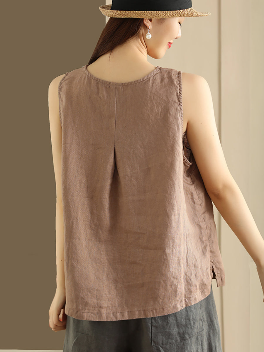 Plus Size Damen Sommer Weste mit loser Knopfleiste und Tasche aus 100% Leinen
