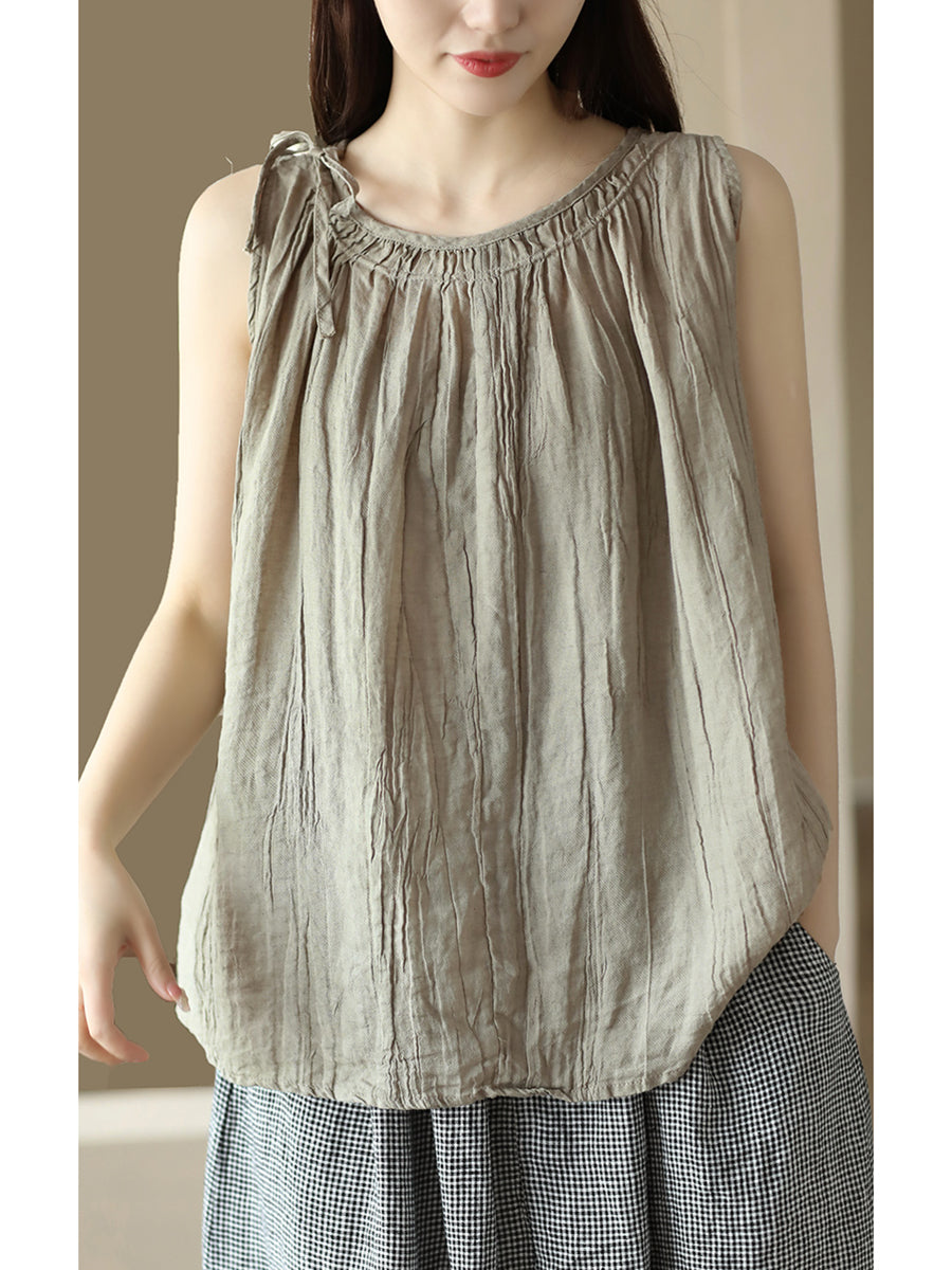 Übergröße Damen Retro Solid Loose Kordelzug Ramie Weste