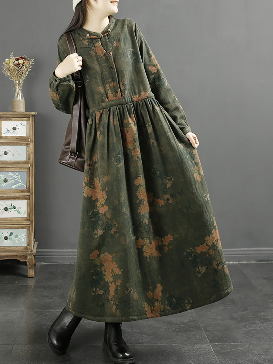 Übergröße Damen Herbst Vintage Blatt Druck Baumwollkleid