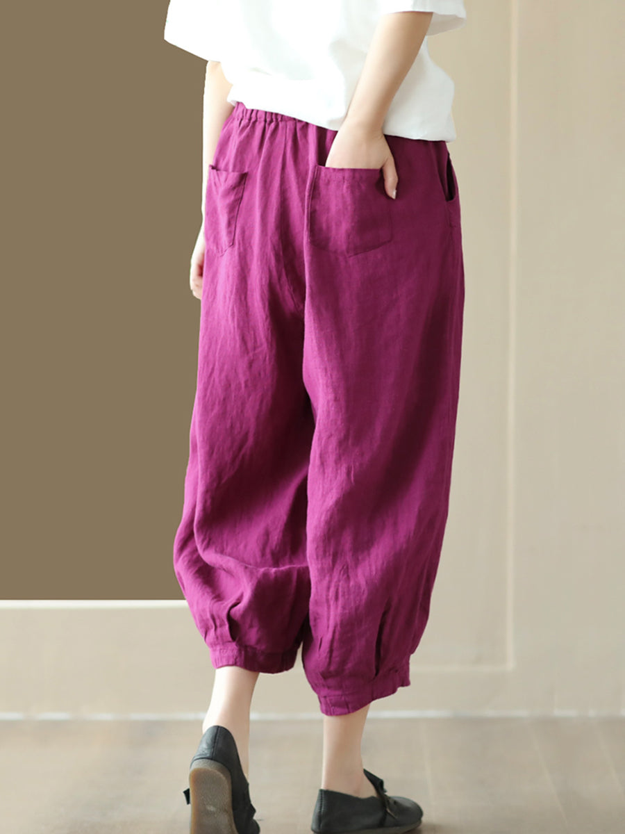 Plus Size Damen Sommer Einfarbige Haremshose mit Taschenfalten und Kordelzug