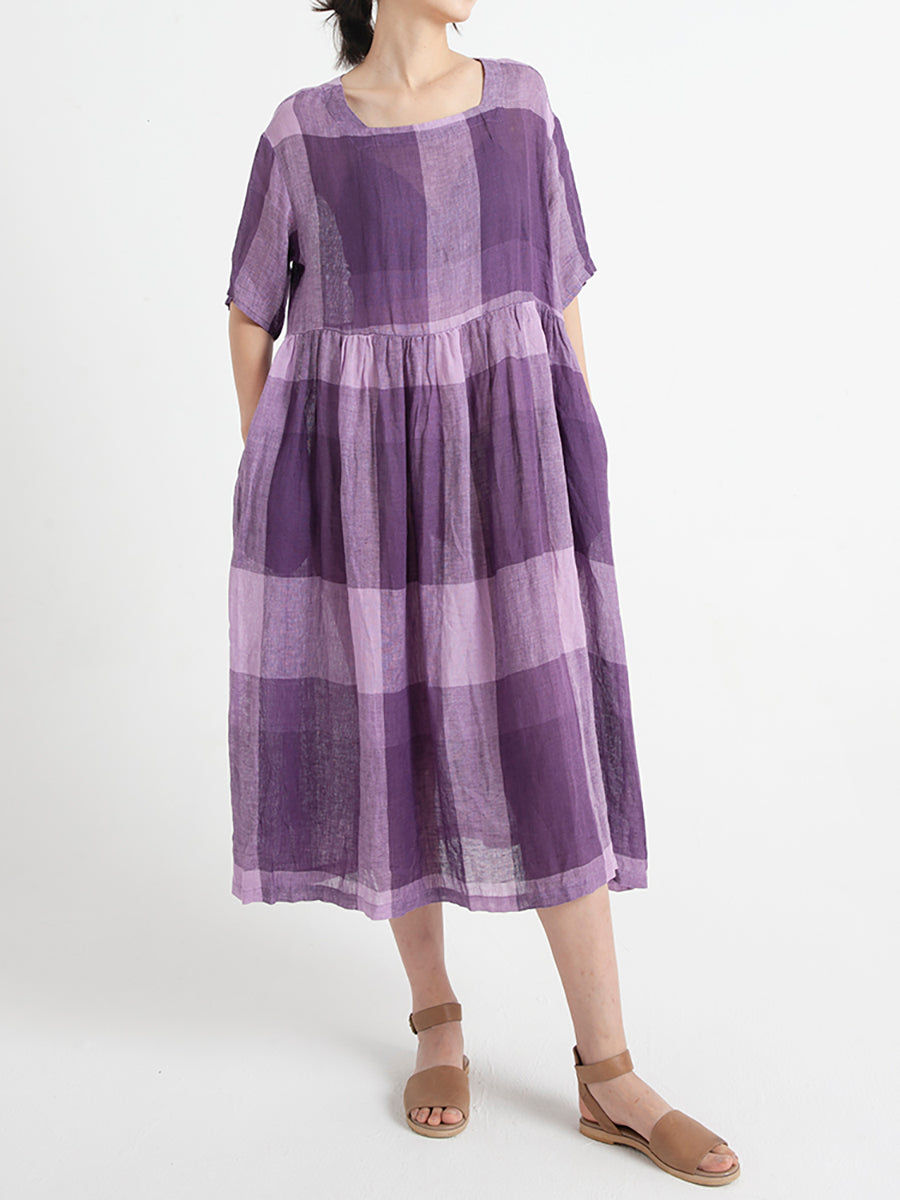 Übergröße, lässiges Sommerkleid aus Leinen mit kurzen Ärmeln und lockerer Plissee