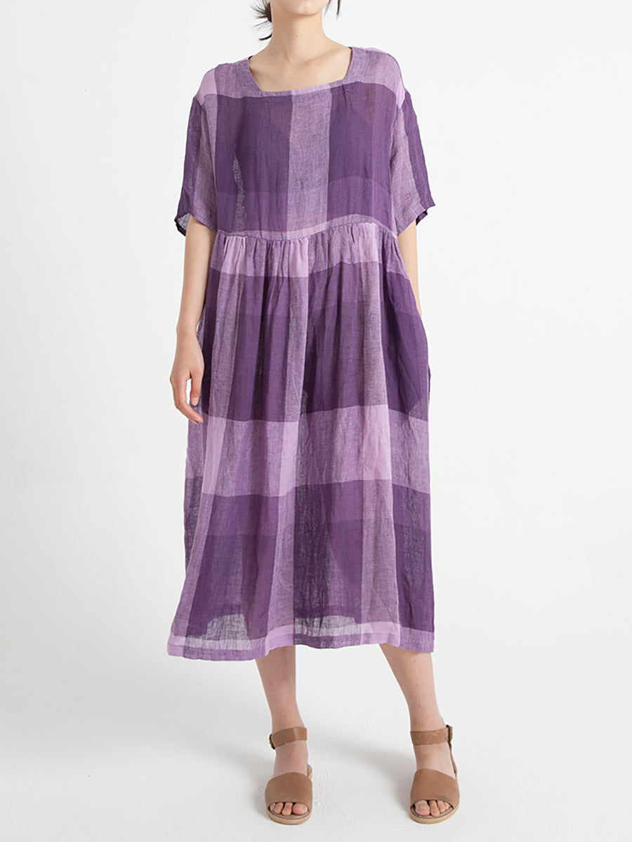 Übergröße, lässiges Sommerkleid aus Leinen mit kurzen Ärmeln und lockerer Plissee
