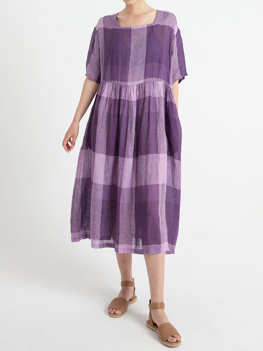 Übergröße, lässiges Sommerkleid aus Leinen mit kurzen Ärmeln und lockerer Plissee