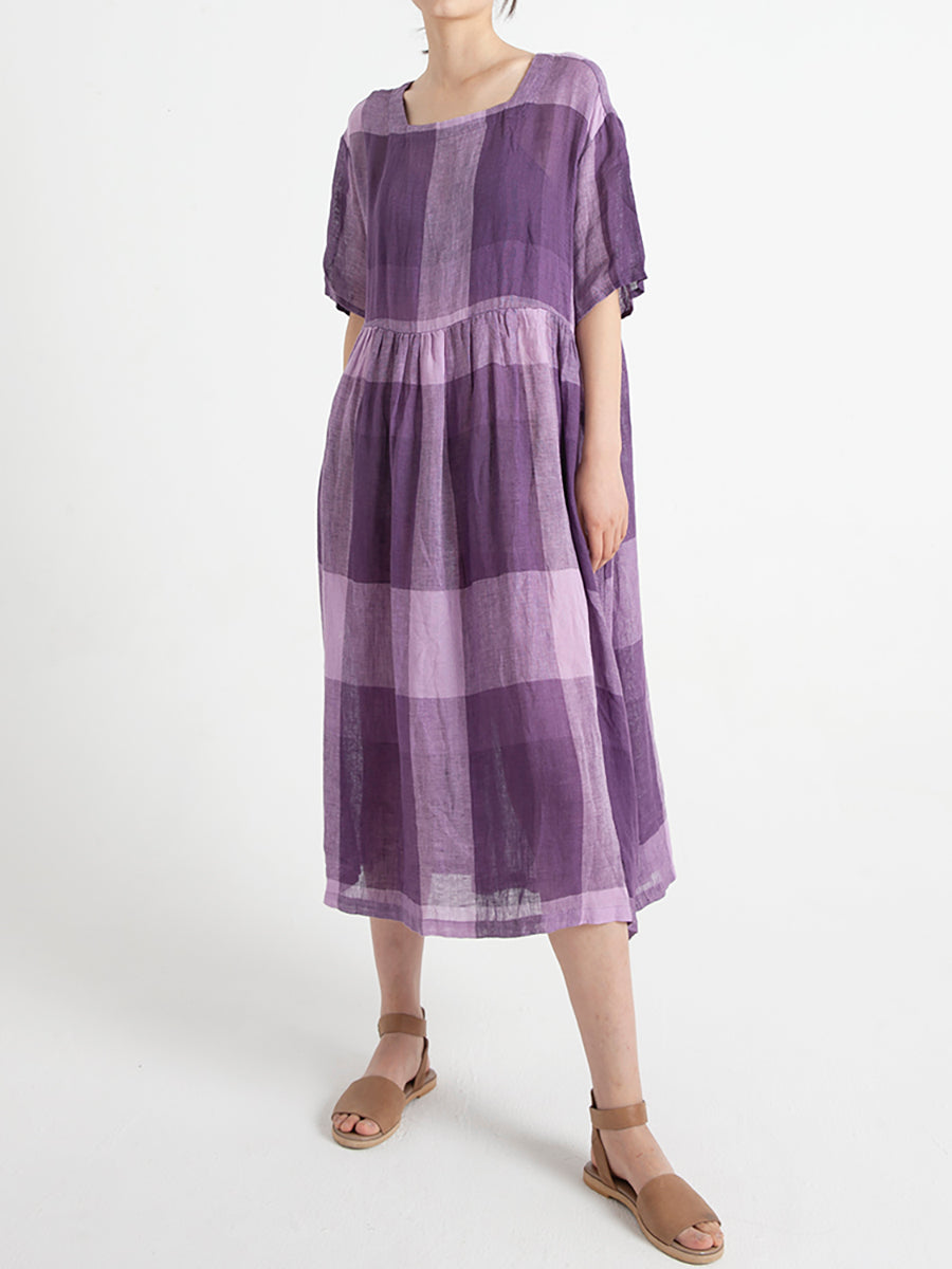 Übergröße, lässiges Sommerkleid aus Leinen mit kurzen Ärmeln und lockerer Plissee