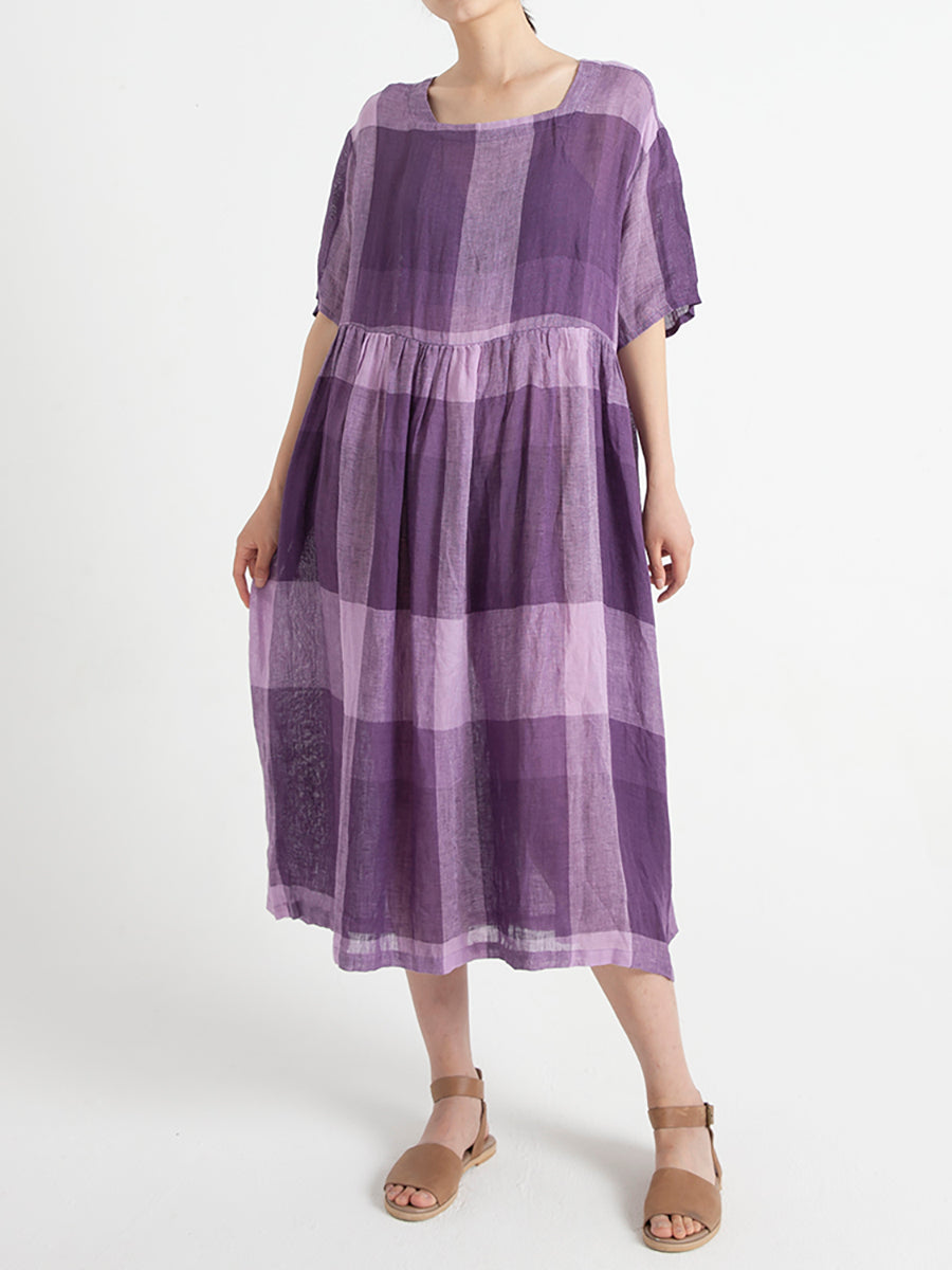 Übergröße, lässiges Sommerkleid aus Leinen mit kurzen Ärmeln und lockerer Plissee
