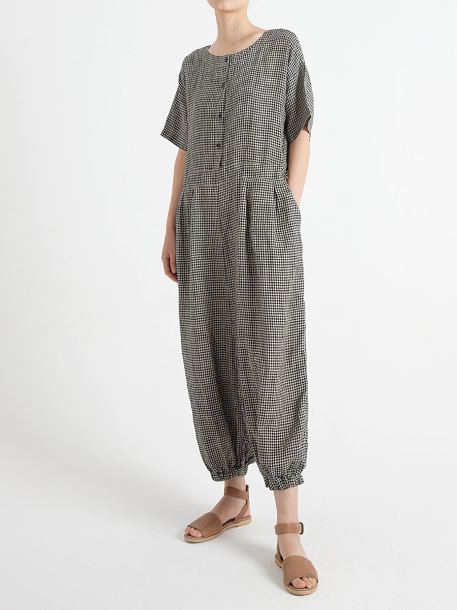 Übergröße Damen karierter Kurzarm-Jumpsuit