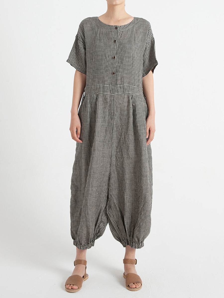 Übergröße Damen karierter Kurzarm-Jumpsuit