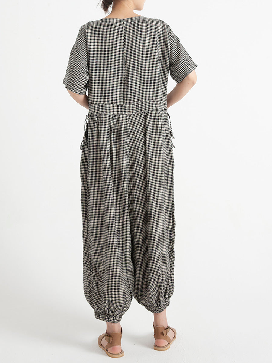 Übergröße Damen karierter Kurzarm-Jumpsuit