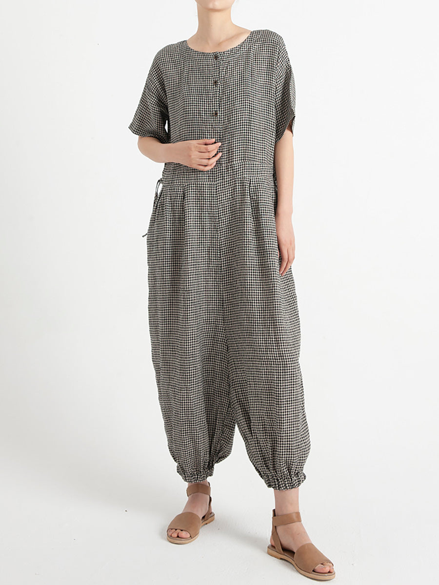 Übergröße Damen karierter Kurzarm-Jumpsuit