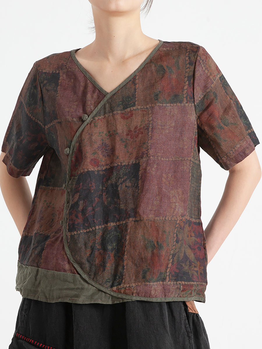 Plus Size Leinen Vintage Floral Damen Sommerhemd