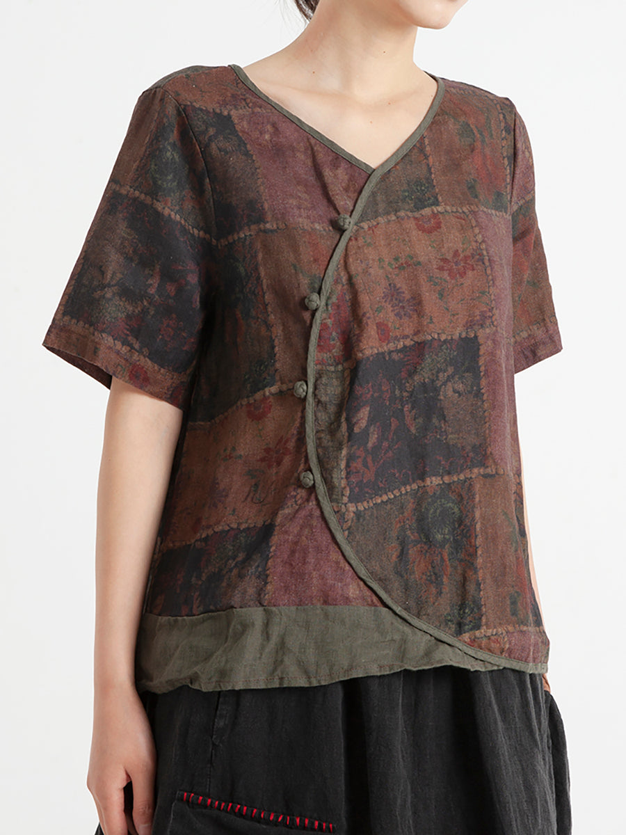 Plus Size Leinen Vintage Floral Damen Sommerhemd