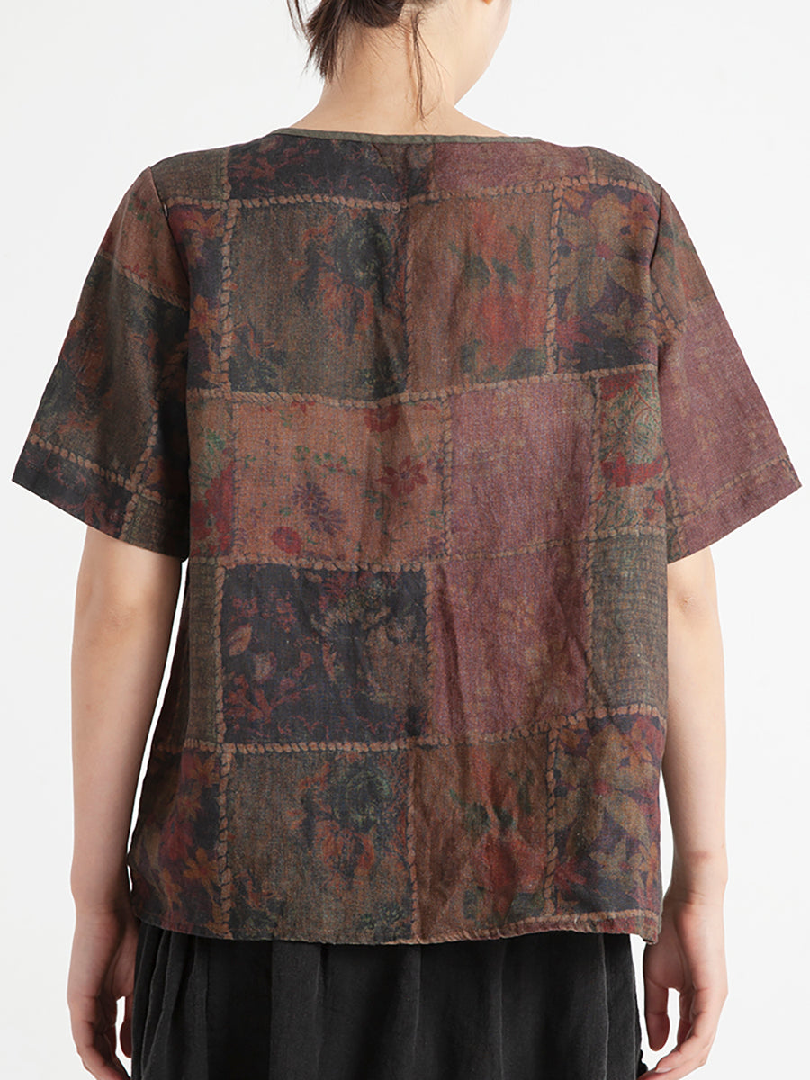 Plus Size Leinen Vintage Floral Damen Sommerhemd
