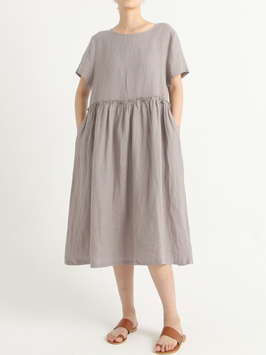 Lässiges, plissiertes Sommerkleid aus Leinen mit kurzen Ärmeln in Übergröße