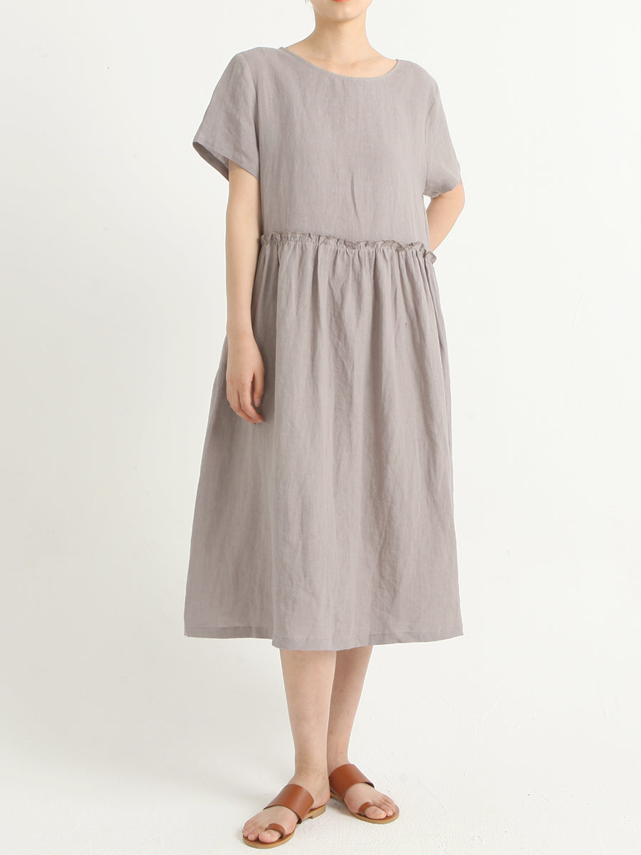Lässiges, plissiertes Sommerkleid aus Leinen mit kurzen Ärmeln in Übergröße