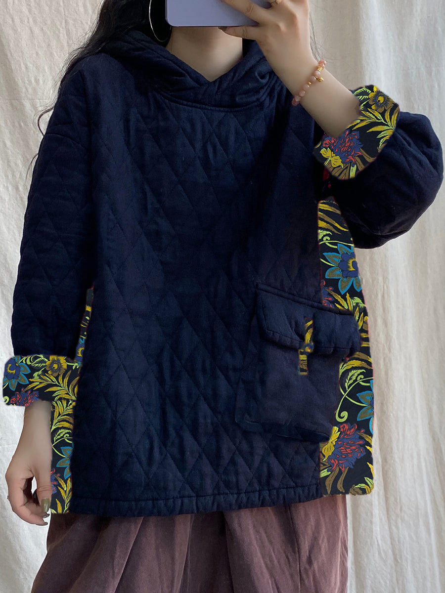Plus Size Damen Winter Patch Gespleißte Tasche Verdicken Mit Kapuze