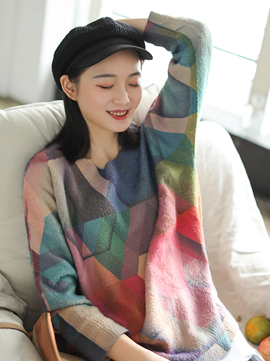 Plus Größe Herbst Geometrie Vintage Frauen Lose Pullover