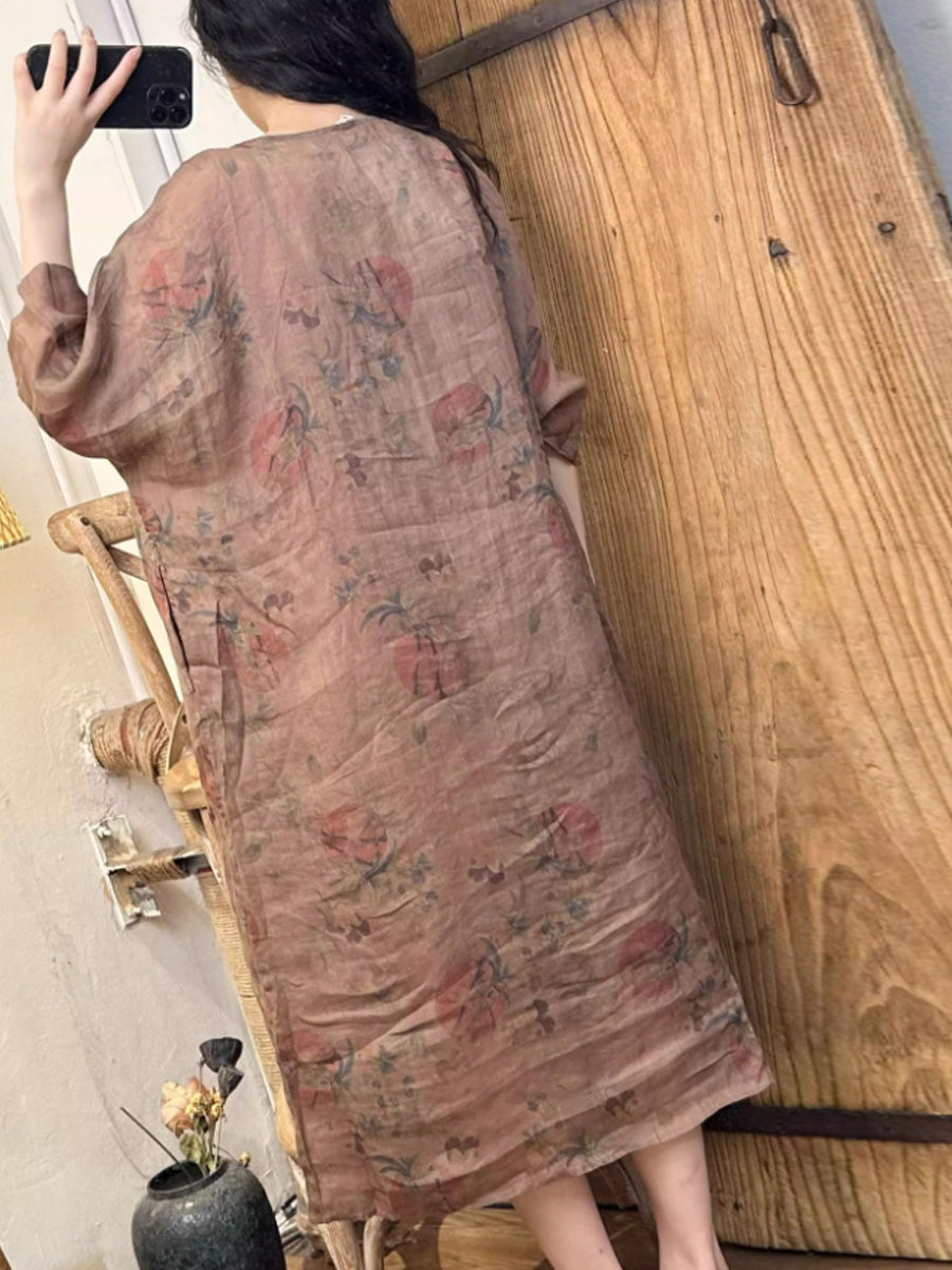 Übergröße Damen Sommer Vintage Blumenträger O-Ausschnitt Ramie Kleid