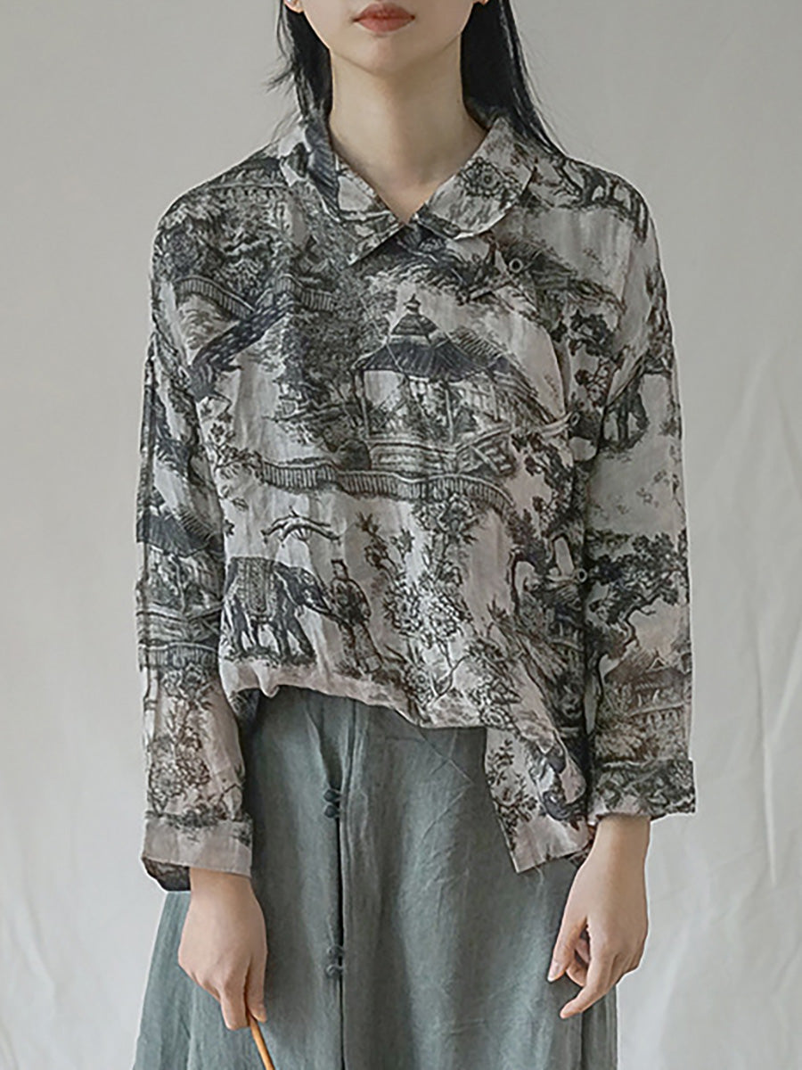 Plus Size Vintage Floral Ramie Herbst Damen Loses Hemd