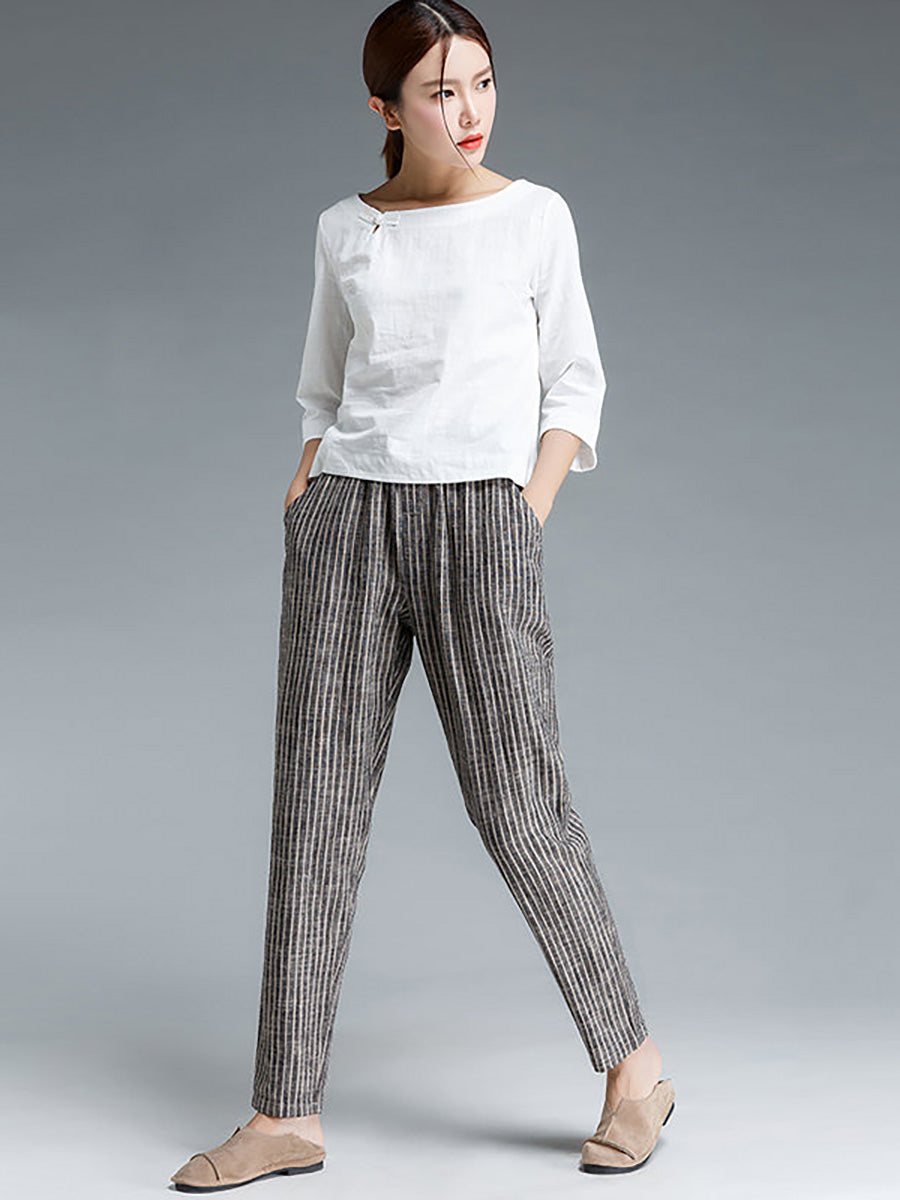 Pantalon en coton et lin à rayures grande taille pour femme Buykud