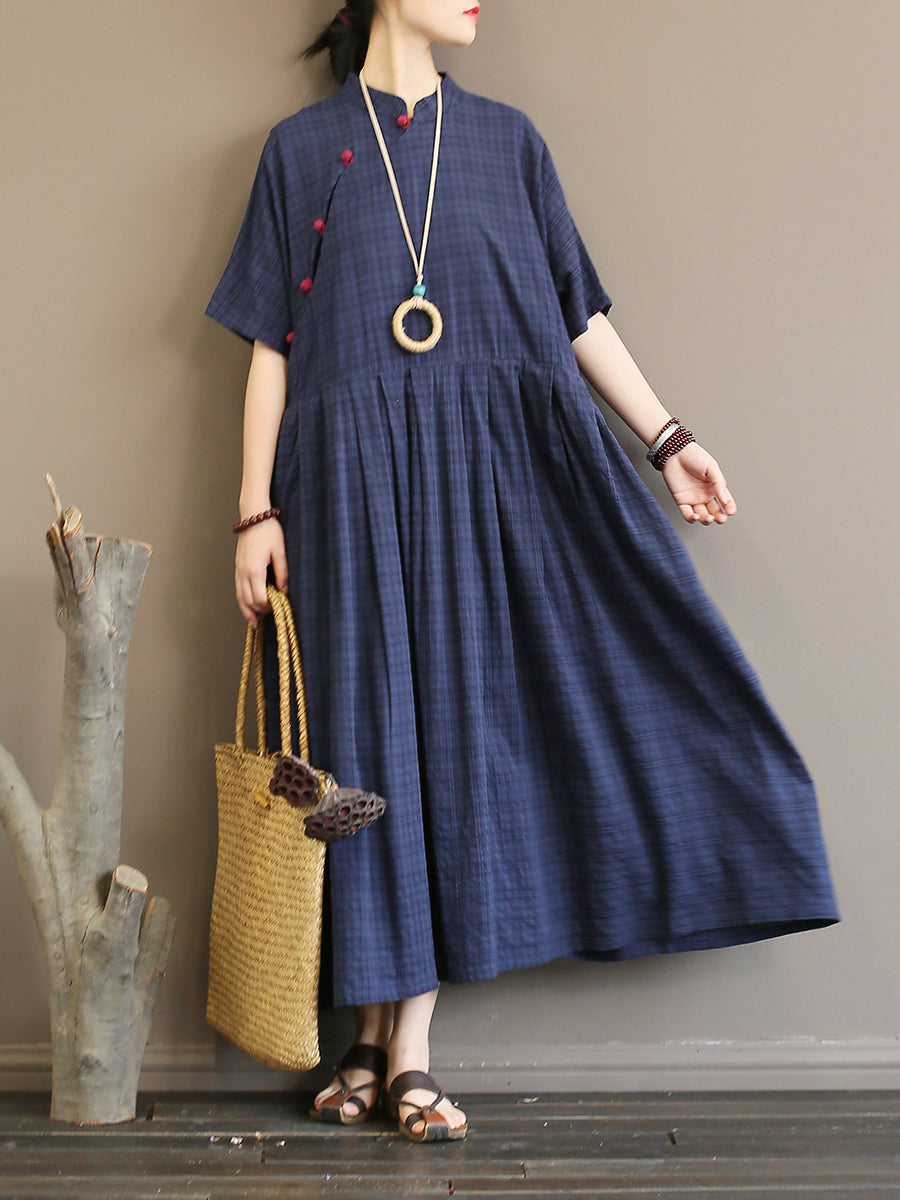 Übergröße Plissee Plaid Vintage Damen Kleid im chinesischen Stil