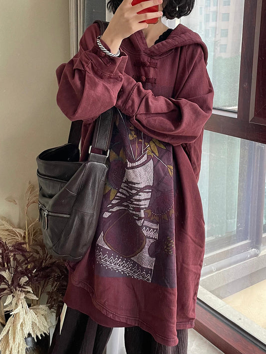 Übergröße Damen Vintage Blumen Kapuzenpullover Lang