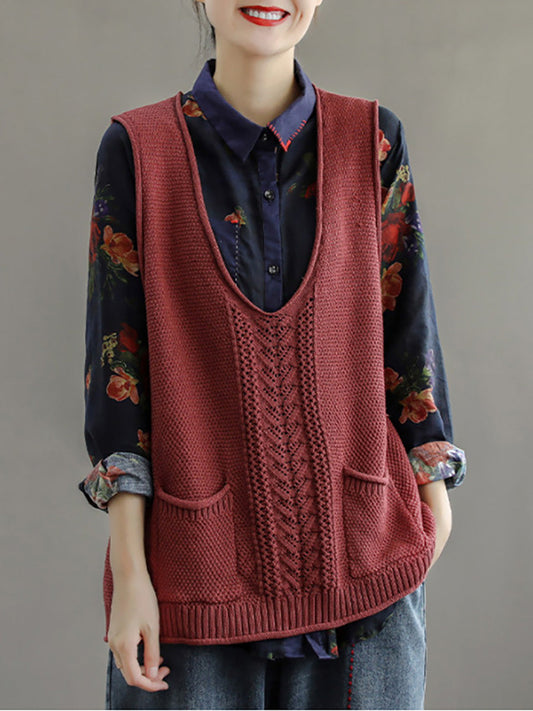 Übergröße - Damen-Pulloverweste mit gestrickter Tasche und Hohlsaum