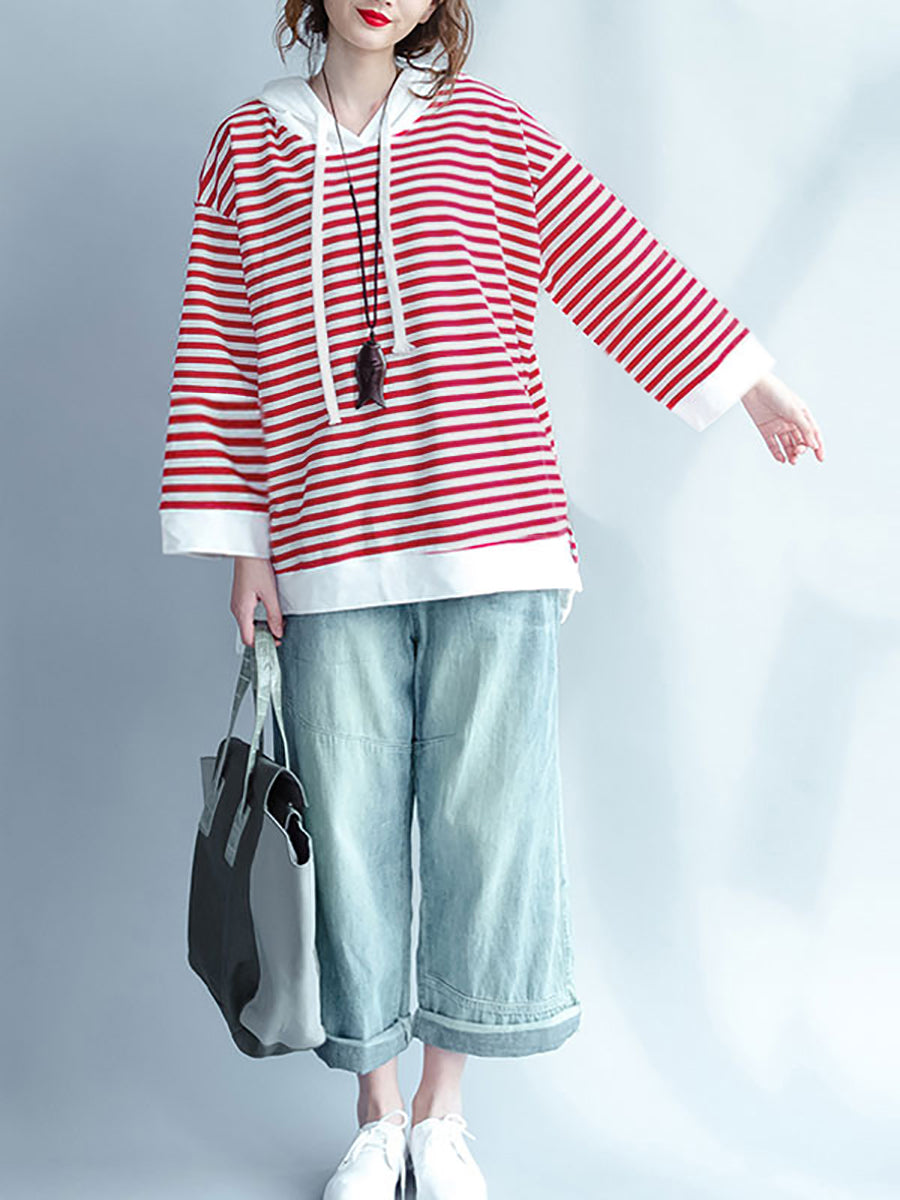 Plus Size Damen Frühling Casual Streifen Kapuzen rotes Hemd