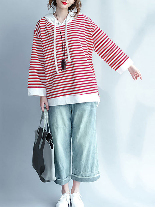 Plus Size Damen Frühling Casual Streifen Kapuzen rotes Hemd