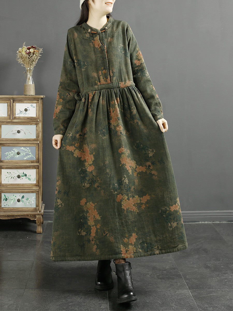 Übergröße Damen Herbst Vintage Blatt Druck Baumwollkleid