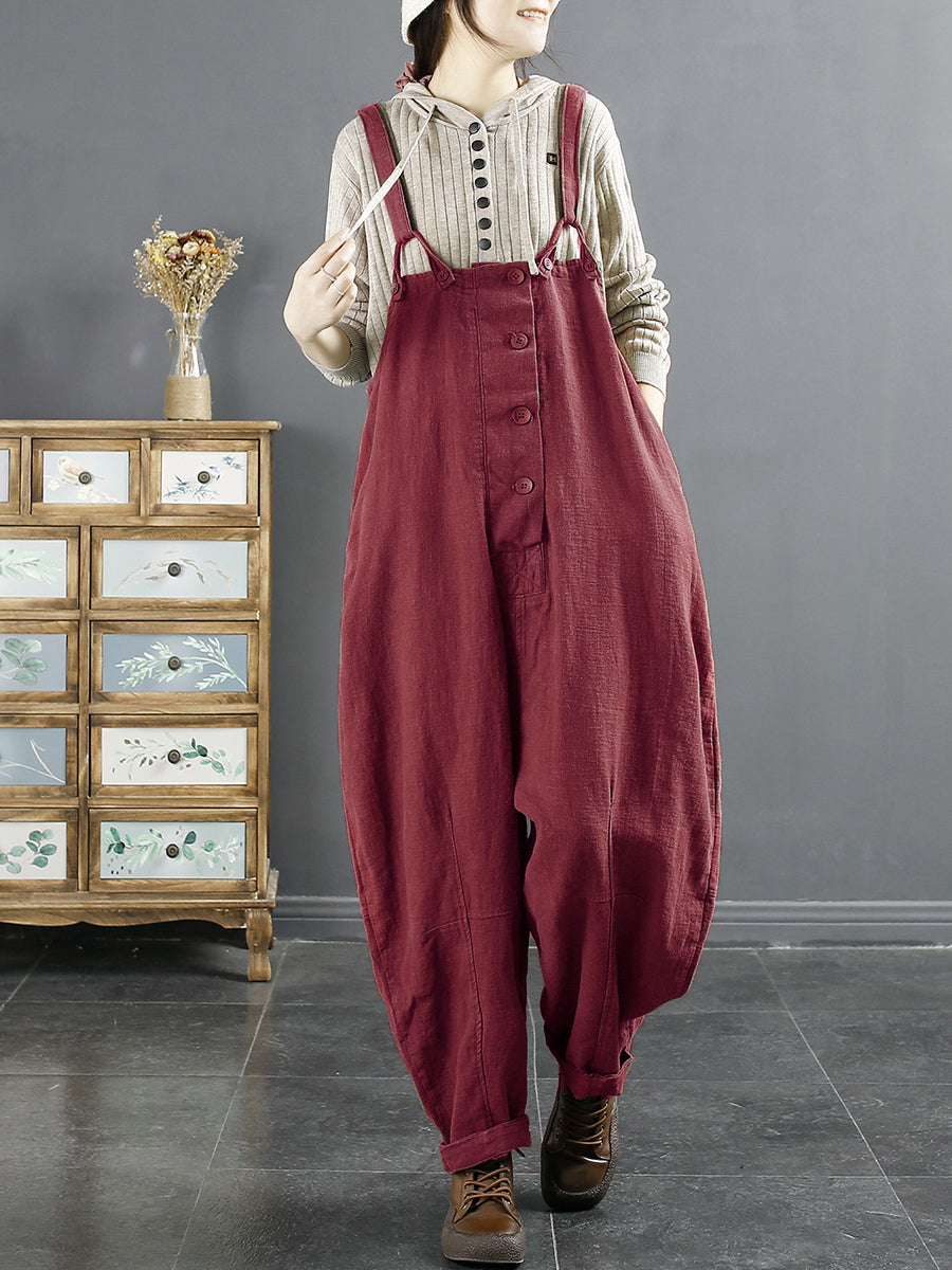 Plus Size Damen Vintage Einfarbiger Lockerer Overall aus Leinen