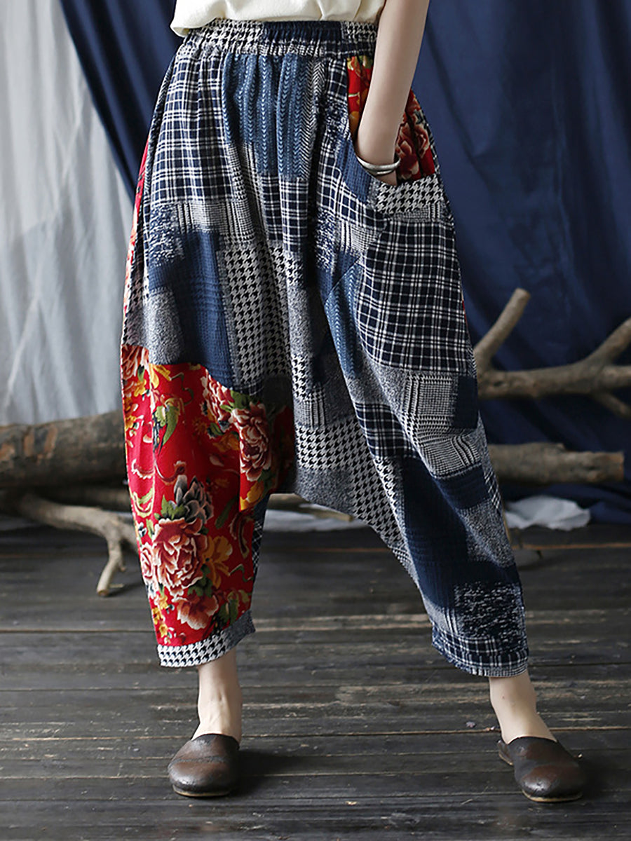 Übergröße Patchwork Plaid Damen Lässige Hose mit elastischer Taille