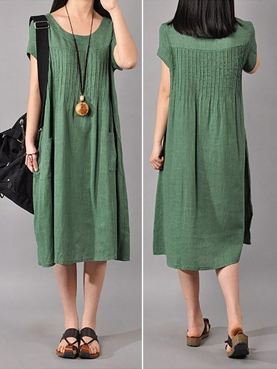 Locker sitzendes Kleid aus Baumwollleinen für Damen in Grün