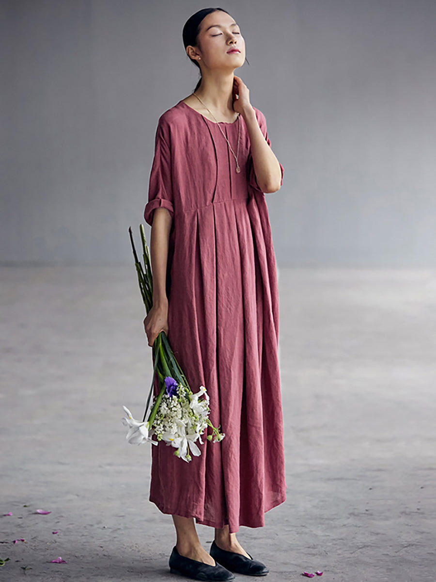 Elegantes, plissiertes, lockeres Leinenkleid im chinesischen Stil in Übergröße