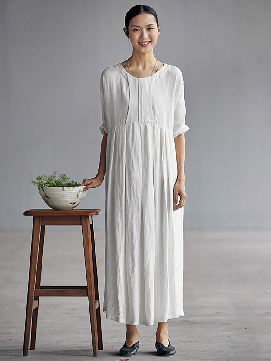 Elegantes, plissiertes, lockeres Leinenkleid im chinesischen Stil in Übergröße