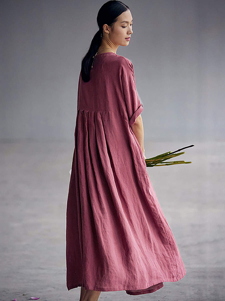 Elegantes, plissiertes, lockeres Leinenkleid im chinesischen Stil in Übergröße