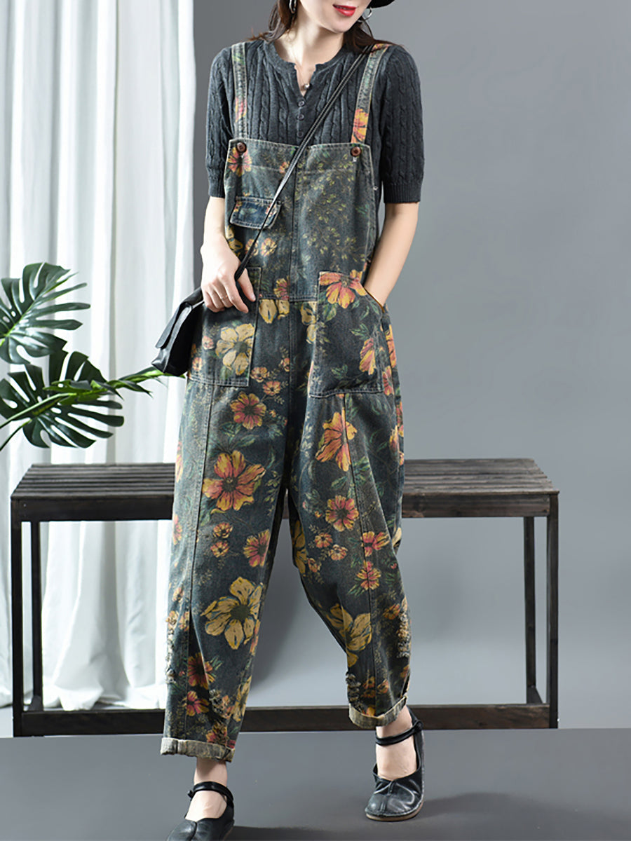 Übergröße - Lässiger Latz-Jumpsuit aus Denim-Baumwolle mit Blumendruck