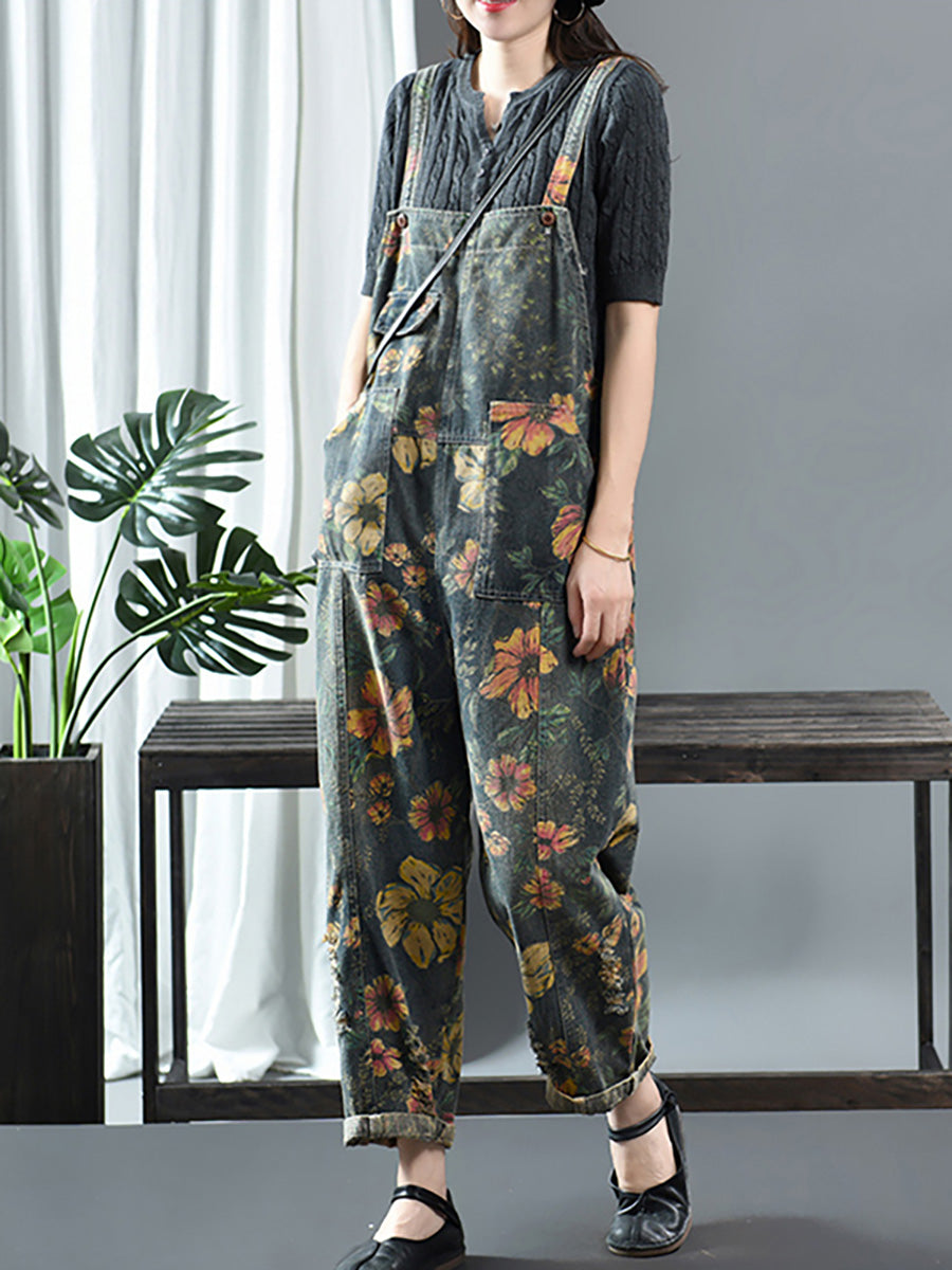 Übergröße - Lässiger Latz-Jumpsuit aus Denim-Baumwolle mit Blumendruck