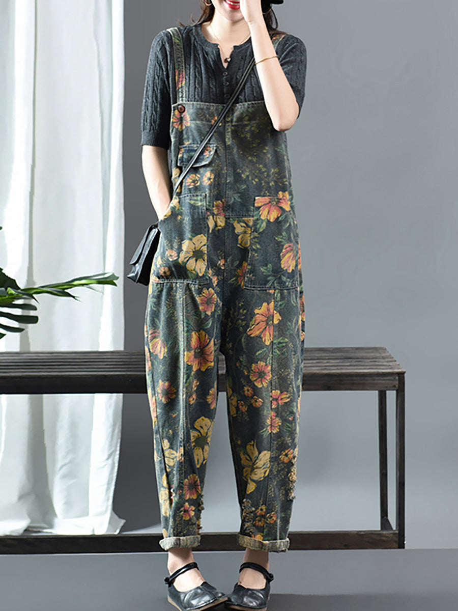 Übergröße - Lässiger Latz-Jumpsuit aus Denim-Baumwolle mit Blumendruck