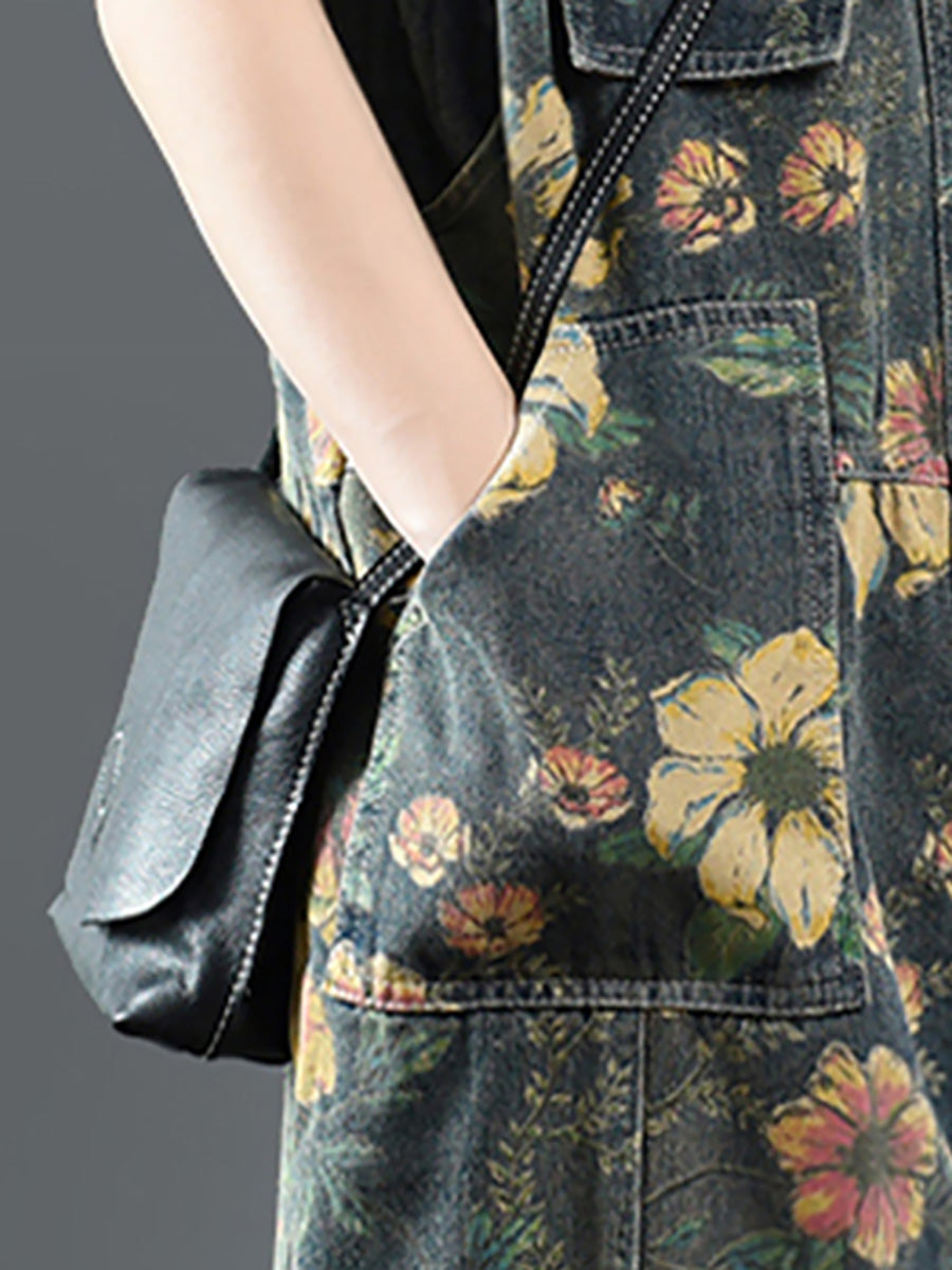 Übergröße - Lässiger Latz-Jumpsuit aus Denim-Baumwolle mit Blumendruck