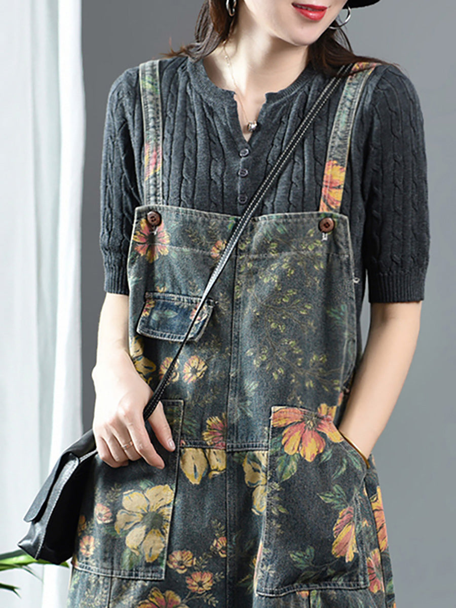 Übergröße - Lässiger Latz-Jumpsuit aus Denim-Baumwolle mit Blumendruck