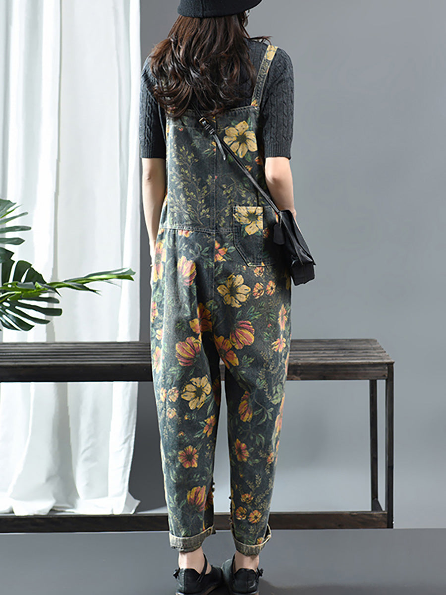 Übergröße - Lässiger Latz-Jumpsuit aus Denim-Baumwolle mit Blumendruck