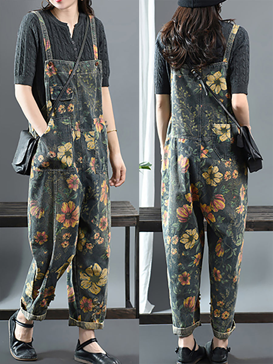 Übergröße - Lässiger Latz-Jumpsuit aus Denim-Baumwolle mit Blumendruck