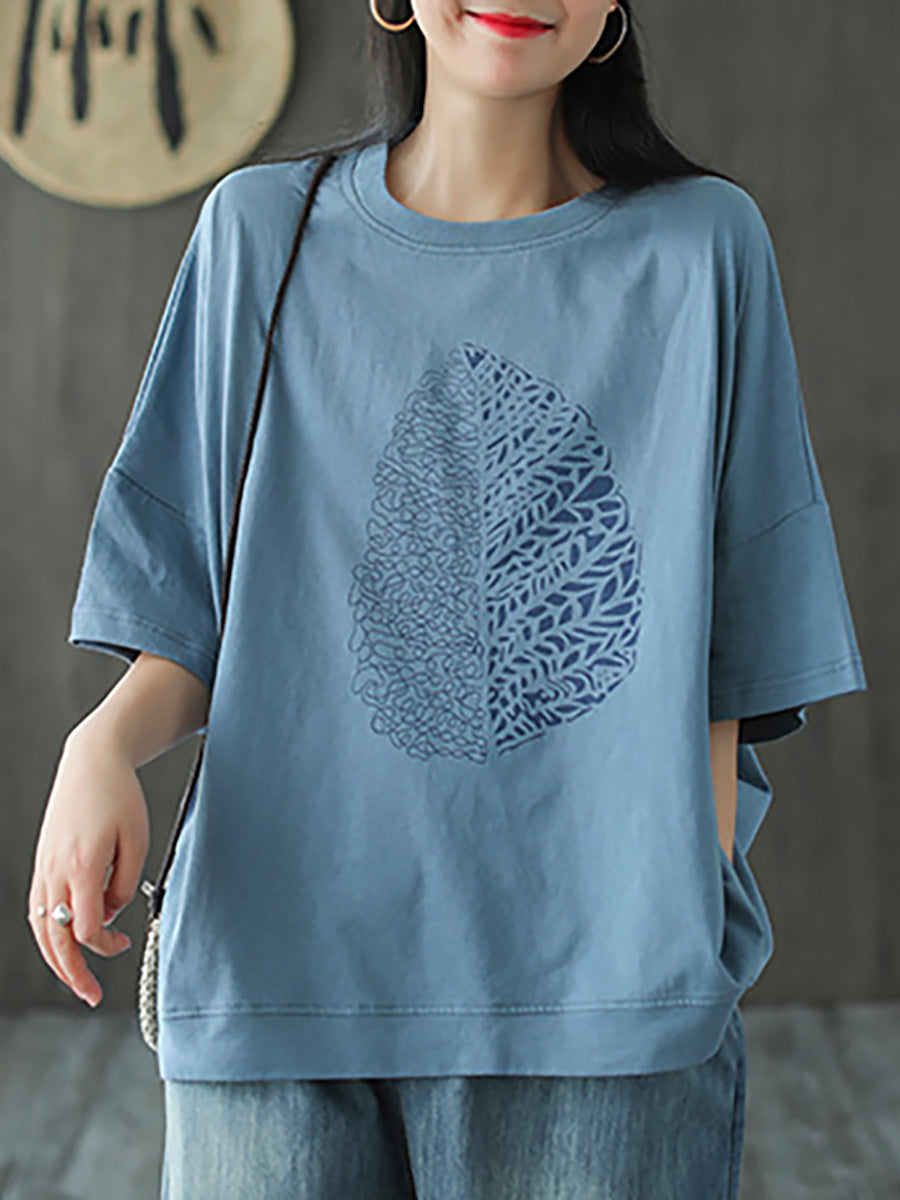 Große Größen - Sommer-T-Shirt aus Baumwolle mit halblangen Ärmeln und Blatt-Print