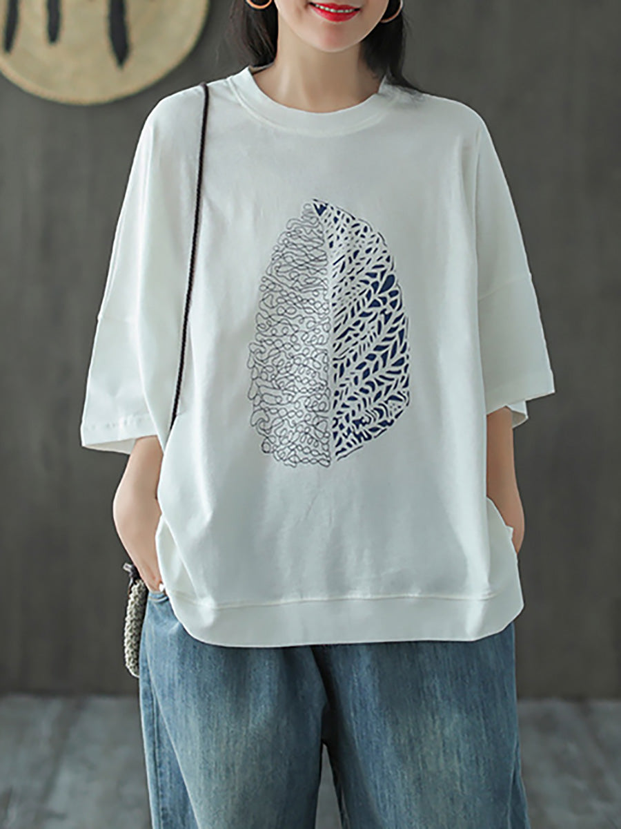 Große Größen - Sommer-T-Shirt aus Baumwolle mit halblangen Ärmeln und Blatt-Print
