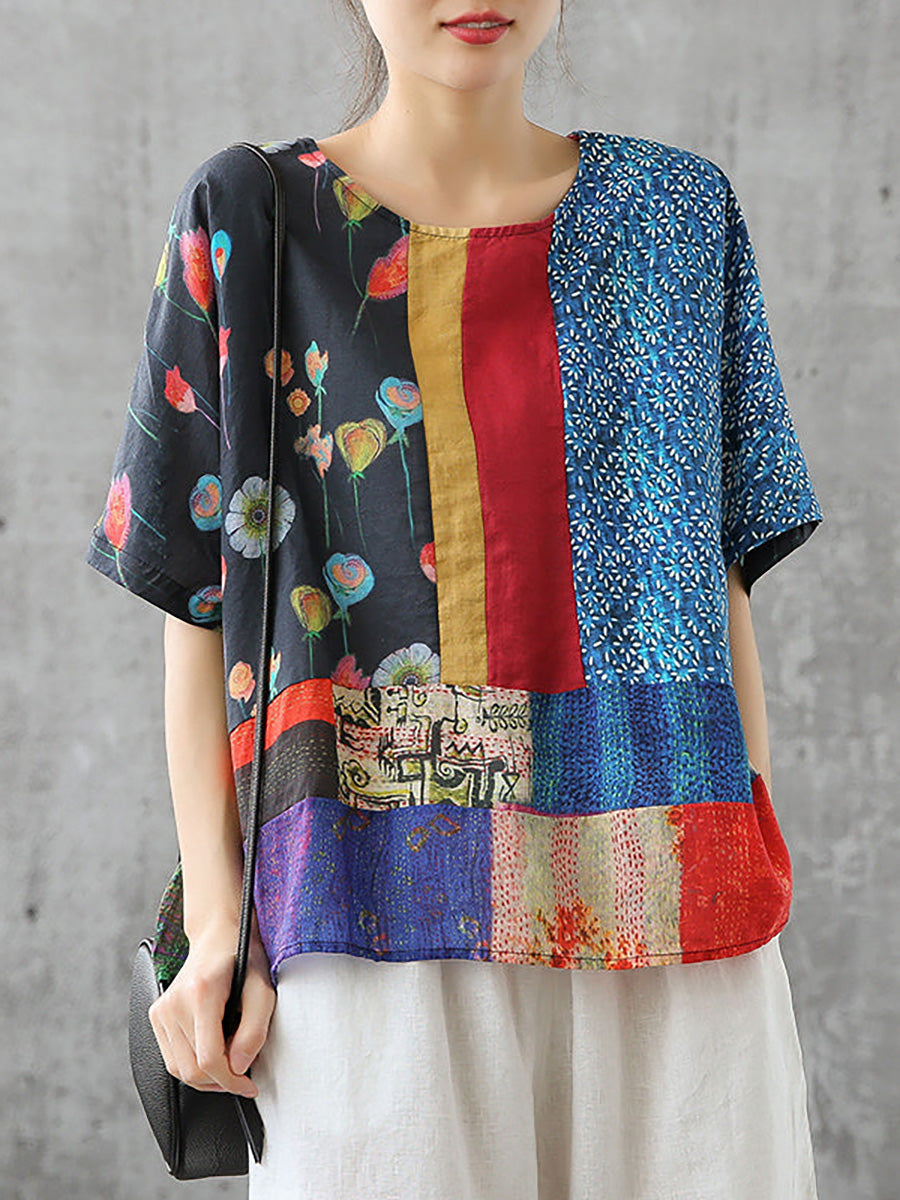 Sommer-T-Shirt aus Leinen mit Blumenmuster für Damen in Übergröße